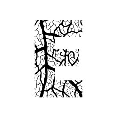 Nature alphabet, ecology decorative font. Capital letter E filled with leaf veins pattern black on white background. Leaves texture hand draw nature alphabet. Vector illustration.