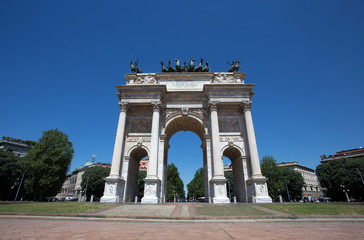 Fototapeta na wymiar MILAN, ITALY, JUNE, 7, 2017 - Arco della Pace, (Arch of Peace), near Sempione Park in city center of Milan, Italy