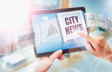 A businesswoman selecting a City News business concept on a futuristic portable computer screen.