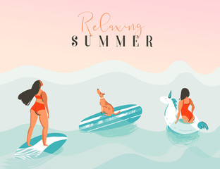 Hand drawn vector abstract exotic summer time funny illustration with surfer girls, unicorn float,surfboard and dog looking at the sunset on blue ocean waves with modern calligraphy Relaxing summer