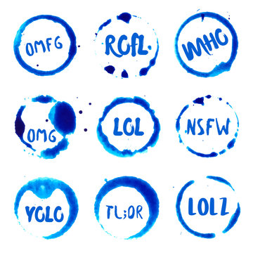 Internet Acronyms collection of round watercolor stains with lol, omg, omfg, rofl, imho, lulz, nsfw, tl;dr, yolo text. Set of vector Internet Acronyms stamps.