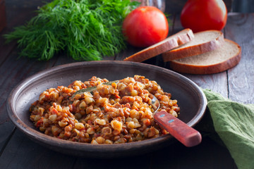 Pasta with lentils and ham, horizontal