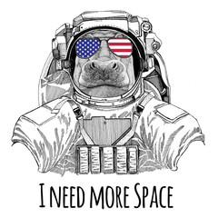 Usa flag glasses American flag United states flag Hippo, Hippopotamus, behemoth, river-horse wearing space suit Wild animal astronaut Spaceman Galaxy exploration Hand drawn illustration for t-shirt