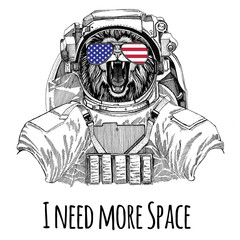 Usa flag glasses American flag United states flag Lion wearing space suit Wild animal astronaut Spaceman Galaxy exploration Hand drawn illustration for t-shirt