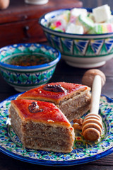 Homemade baklava with nuts and honey syrup