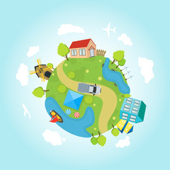 Obraz premium Cartoon Planet Earth with Houses, Ocean, Roads. Vector