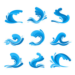 Cartoon Ocean or Sea Blue Waves Icons Set. Vector
