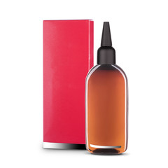 A bottle of brown for cosmetics and a place for text with a red box on a white background. Procurement for the designer. Template for designer