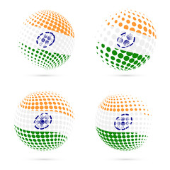India halftone flag set patriotic vector design. 3D halftone sphere in India national flag colors isolated on white background.