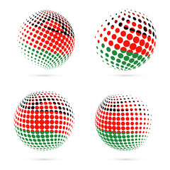 Malawi halftone flag set patriotic vector design. 3D halftone sphere in Malawi national flag colors isolated on white background.