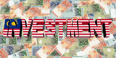 Investment text with Malaysian flag on currency illustration
