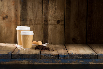 Paper Cups, Coffee Beans, Pastry on Wooden Shelf Copy Space