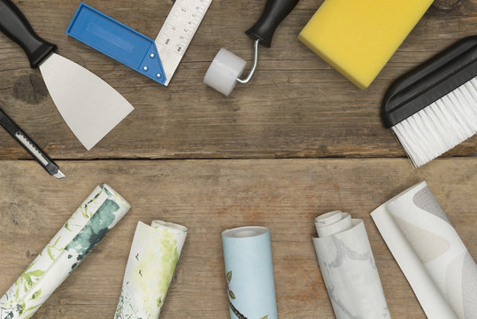 Banner Image of Home Improvement Equipment and Rolls of Wallpaper