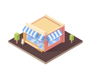  Isometric building isolated cafe or shop. Flat vector illustration.