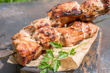 Grilled shish kebab or shashlik on skewers closeup