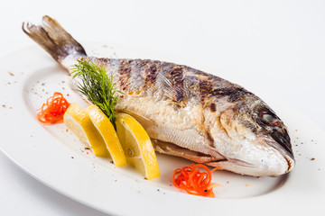 grilled dorada on a white plate on a light background (close)