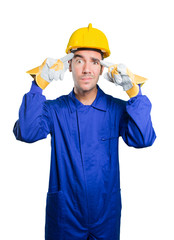 Worried workman with concentration gesture on white background