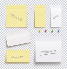 Set Yellow and white sticky note isolated on transparent background.Set of red,yellow, green, blue pin needles. Template for your projects. Vector illustration.
