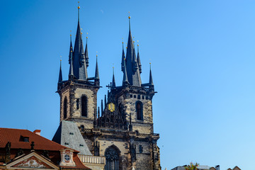 Fototapeta premium The towers of Church of Our Lady before Tyn in Prague, Czech Republic
