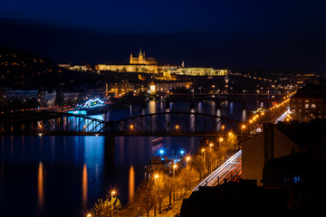 Fototapeta na wymiar Overview of Prague with Prague Castle and St Vitus Cathedral at night, Czech Republic