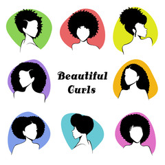 Set of stylized women's busts with curly hair