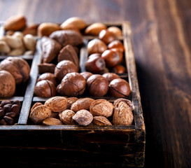 Nuts Mixed in a Wooden Vintage Box.Assortment, Walnuts,Pecan,Peanuts,Almonds,Hazelnuts,Macadamia,Cashews,Pistachios.Concept of Healthy Eating.Vegetarian.Copy space.selective focus.