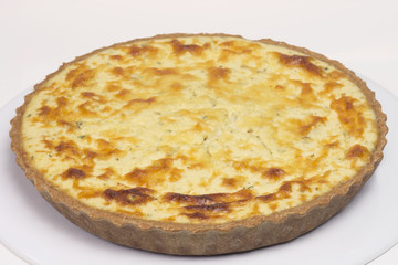 Wholemeal quiche cheese pie in white background
