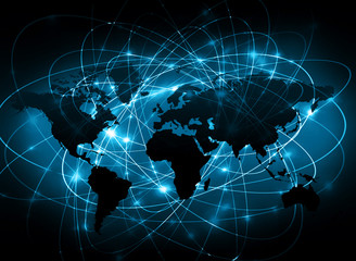 World map on a technological background, glowing lines symbols of the Internet, radio, television, mobile and satellite communications.