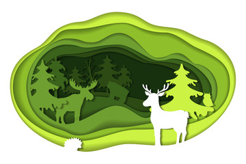 Paper art carving of landscape with forest animals.