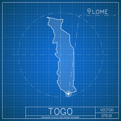 Togo blueprint map template with capital city. Lome marked on blueprint Togolese map. Vector illustration.