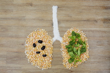 Overhead shot of human lungs with cancer tumor disease made of dry peas. Air pollution smoking breathing polluted air concept. Air protection bad ecology issue symbol.