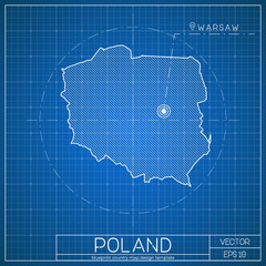 Obraz premium Poland blueprint map template with capital city. Warsaw marked on blueprint Polish map. Vector illustration.