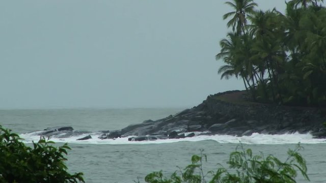 Stormy waves crash ashore on Devils Island Penal Colony in French Guiana