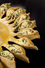 Sun pie stuffed with light cheese and spinach in black background close