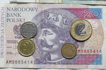 Polnische Zwanzig  Zloty Banknote und Münzen