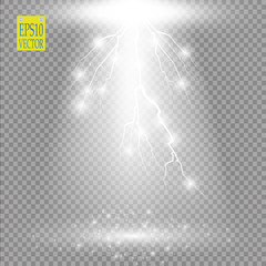Vector white transparent energy spotlight scene with lightning background. Abstract light effect power modern design