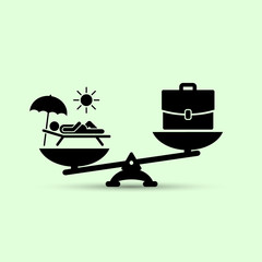 Work or vacation concept. Work vs relax illustration. Concept of life and work balance. Vector flat illustration