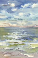 watercolor sea waves and clouds hand drawn illustration