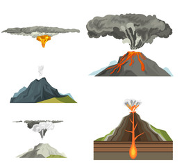 Volcano magma nature blowing up with smoke volcanic eruption lava mountain vector illustration © partyvector