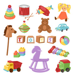 Set of different cartoon vector kids toys collection isolated on white background playfull children stuff