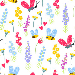Fototapeta na wymiar Nature summer flowers and bee insects illustration seamless pattern background floral vector
