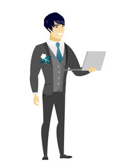 Groom using laptop vector illustration.