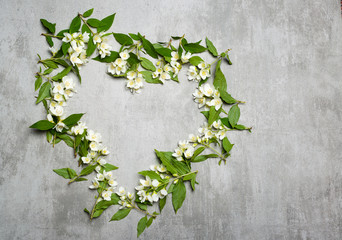 Jasmine flowers in a heart on gray concrete background