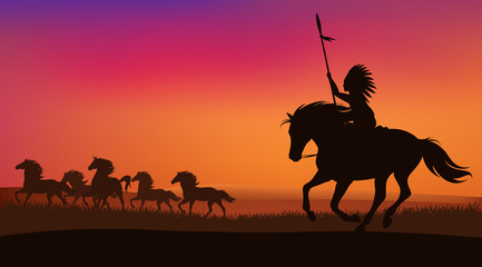 Fototapeta na wymiar wild west scene with north american indian chasing herd of mustang horses - vector sunset landscape