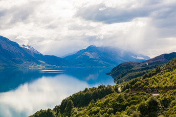Naklejka na ściany i meble Mountain & reflection lake from view point on the way to Glenorchy, New Zealand