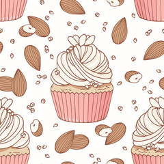 Hand drawn seamless pattern with doodle cupcake, almond and buttercream. Food background