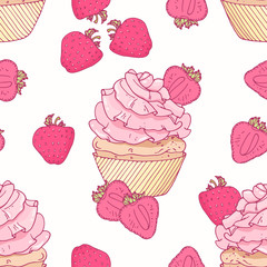 Hand drawn seamless pattern with doodle cupcake and strawberry buttercream. Food background