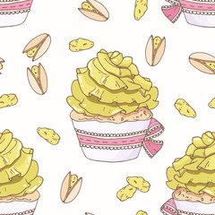 Hand drawn seamless pattern with doodle cupcake and pistachio buttercream. Food background