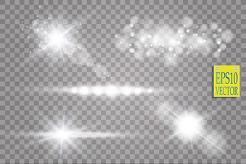Set of white glowing lights effects isolated on transparent background. Sun flash with rays and spotlight. Glow light effect. Star burst with sparkles.