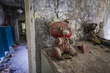 Teddy bear in nursery school in abandoned Pripyat city in Chernobyl Exclusion Zone, Ukraine